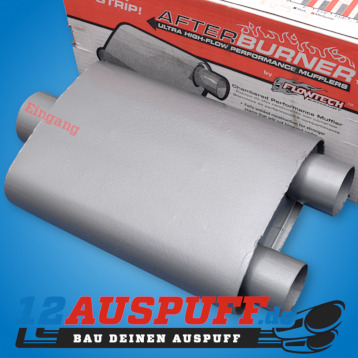 Auspufftopf FLOWTECH AFTERBURNER 1x 3 Zoll Eingang, 2x 2 1/2 Ausgang für Doppelrohranlagen